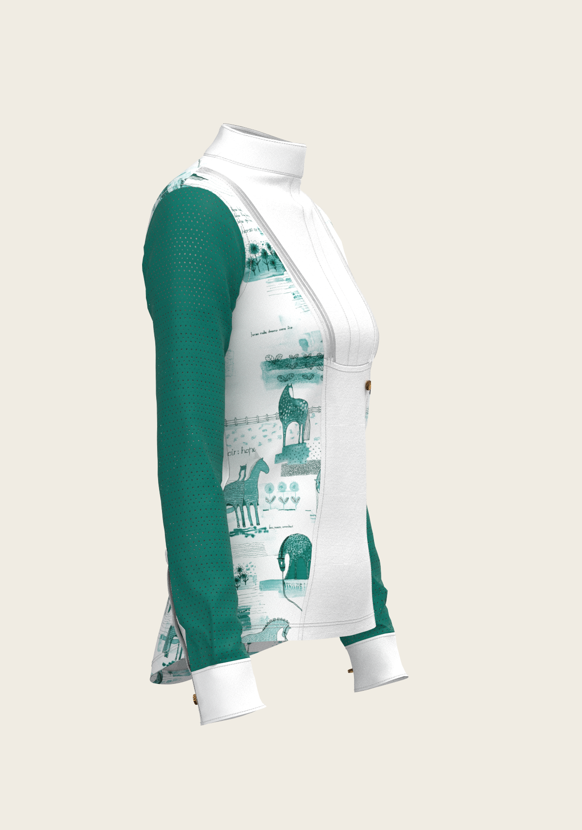 Daydreaming Horses in Green Short Pleated Long Sleeve Show Shirt